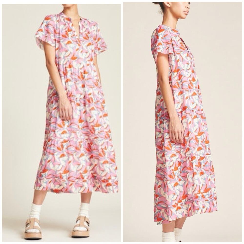 Birds of Paradis by TROVATA Pink Tropical Print Tiered Boho Midi Dress L - Picture 1 of 12